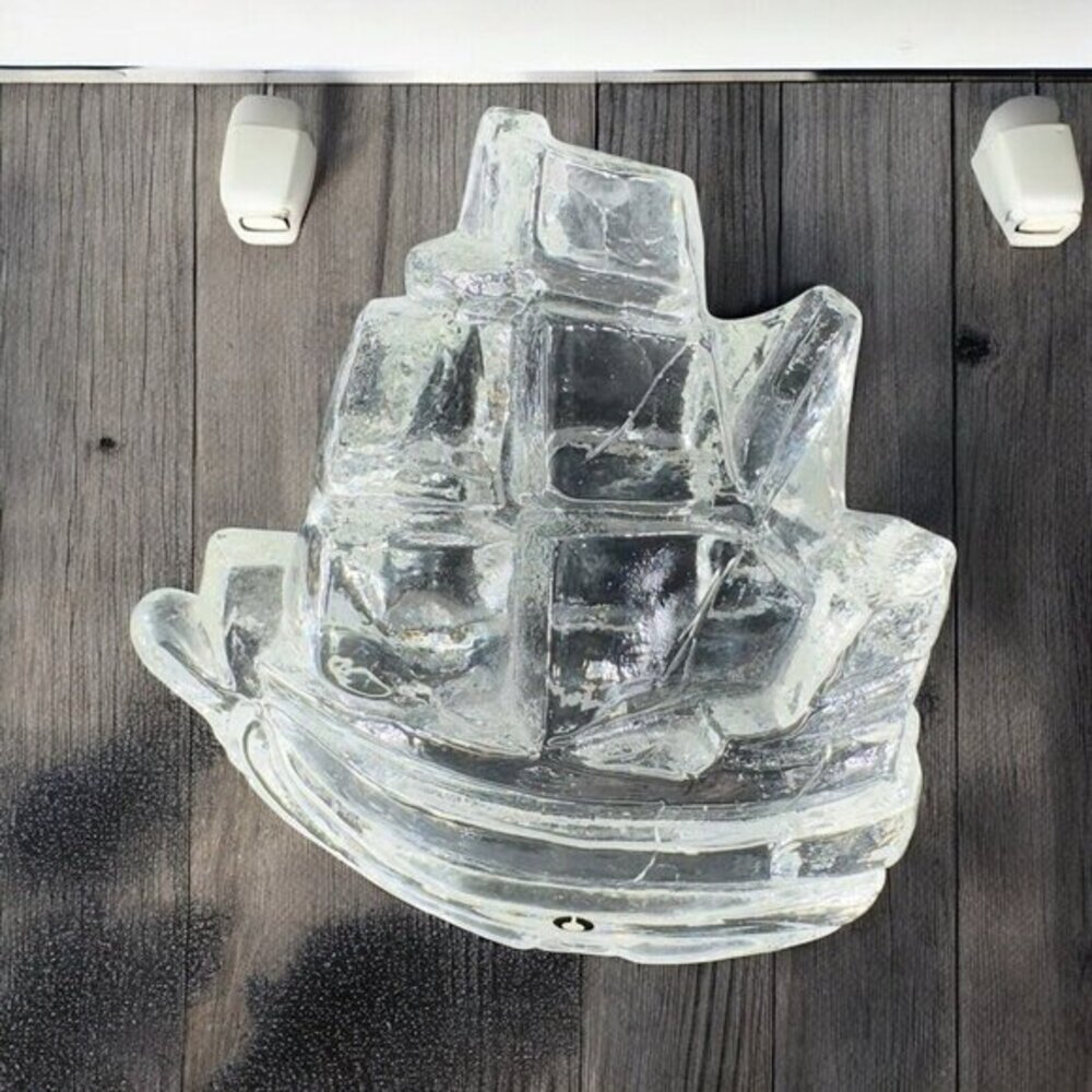 Pukeberg Sweden Art Glass Clear Boat Sailing Ship Heavy Figurine Paperweight VTG